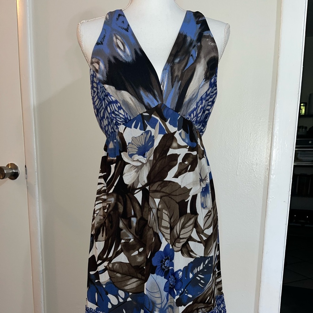Karen Kane Blue and Brown Floral Midi Dress